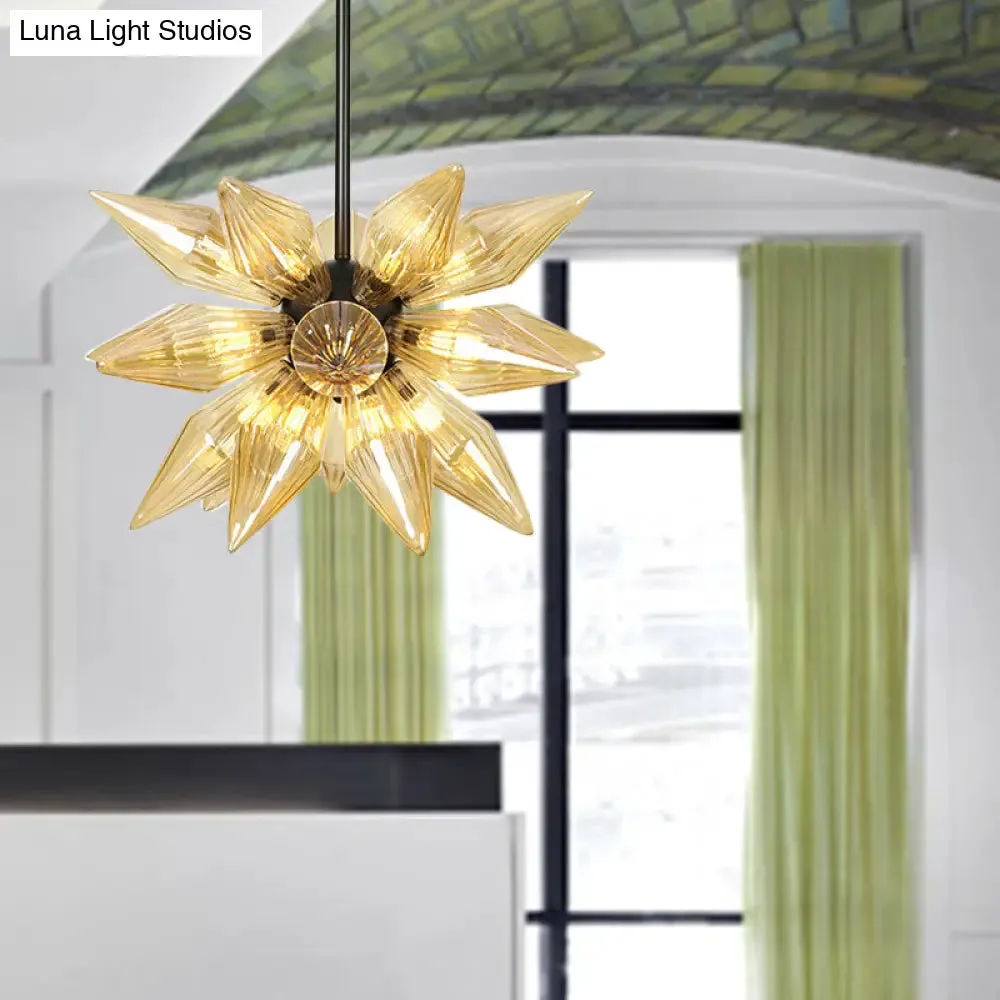 Industrial Amber/Clear Ribbed Glass Pendant Lighting with Starburst Design - 9/12/15 Heads Bedroom Chandelier Lamp