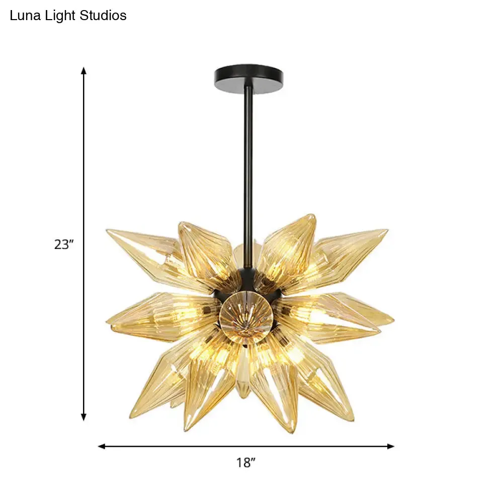 Industrial Amber/Clear Ribbed Glass Pendant Lighting with Starburst Design - 9/12/15 Heads Bedroom Chandelier Lamp