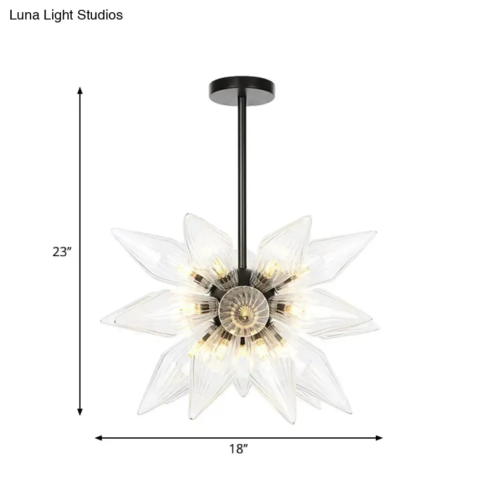 Industrial Amber/Clear Ribbed Glass Pendant Lighting with Starburst Design - 9/12/15 Heads Bedroom Chandelier Lamp