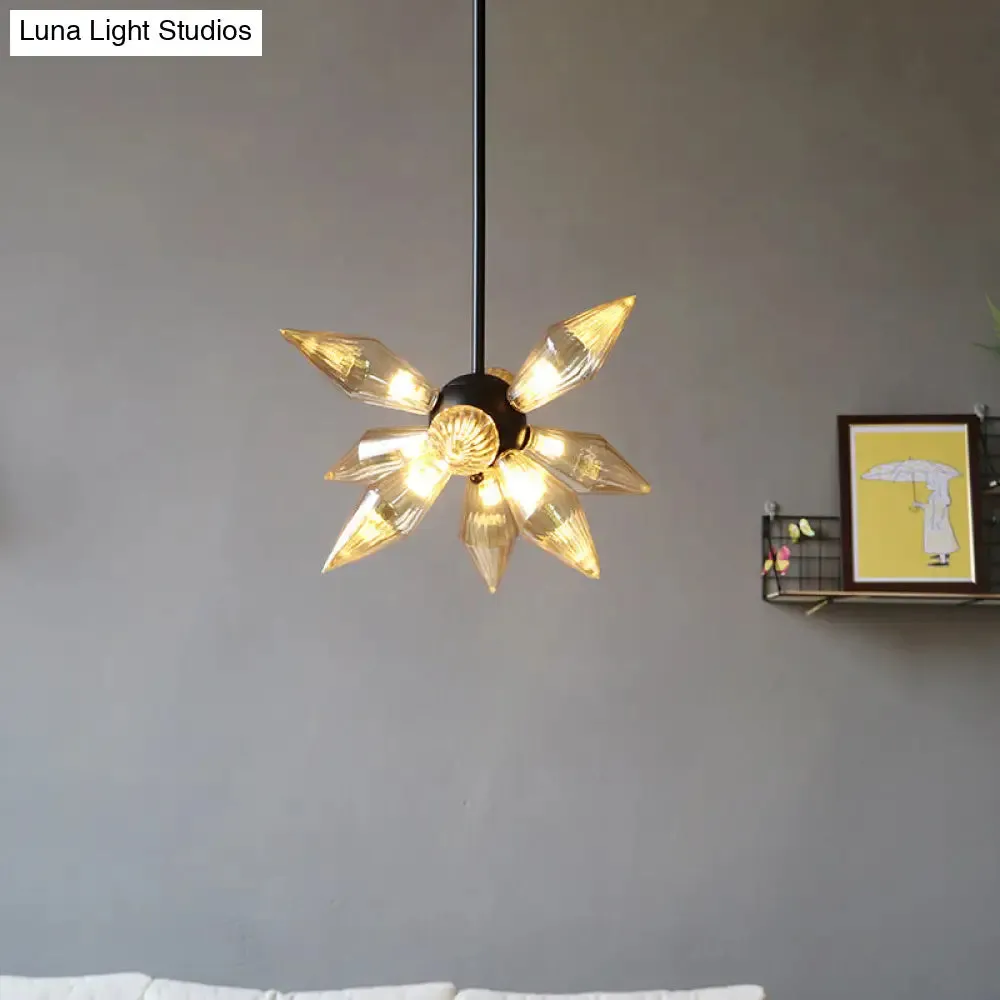 Industrial Amber/Clear Ribbed Glass Pendant Lighting with Starburst Design - 9/12/15 Heads Bedroom Chandelier Lamp