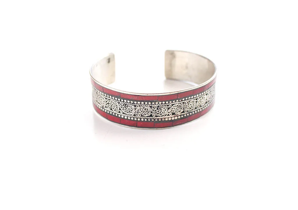 Inlaid White Metal Filigree Design Tibetan Bracelets