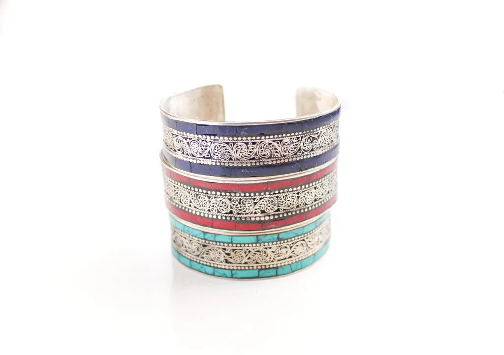 Inlaid White Metal Filigree Design Tibetan Bracelets