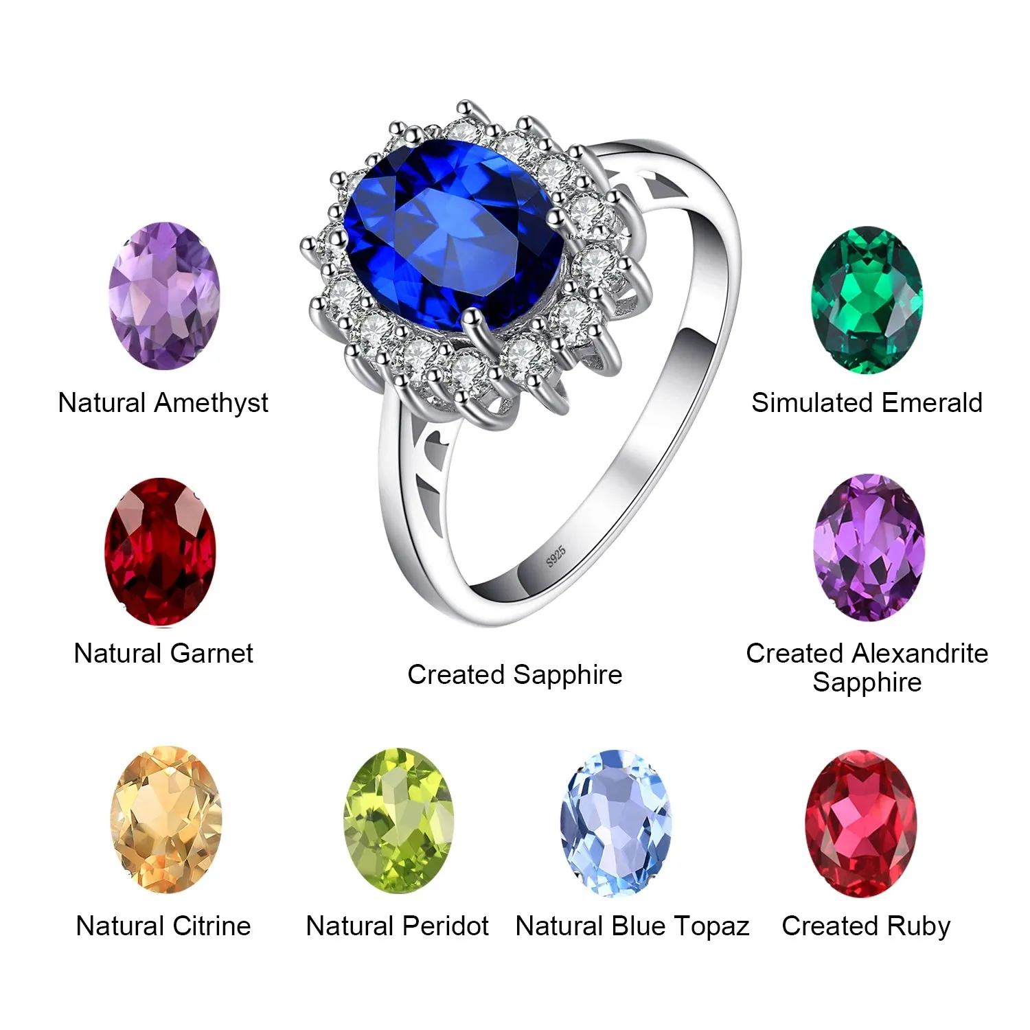 JewelryPalace Diana Created Sapphire 925 Sterling Silver Halo Gemstone Ring Natural Amethyst Citrine Garnet Peridot Blue Topaz