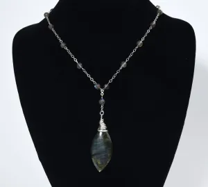 Labradorite Drop Pendant Sterling Silver Beaded Station Necklace