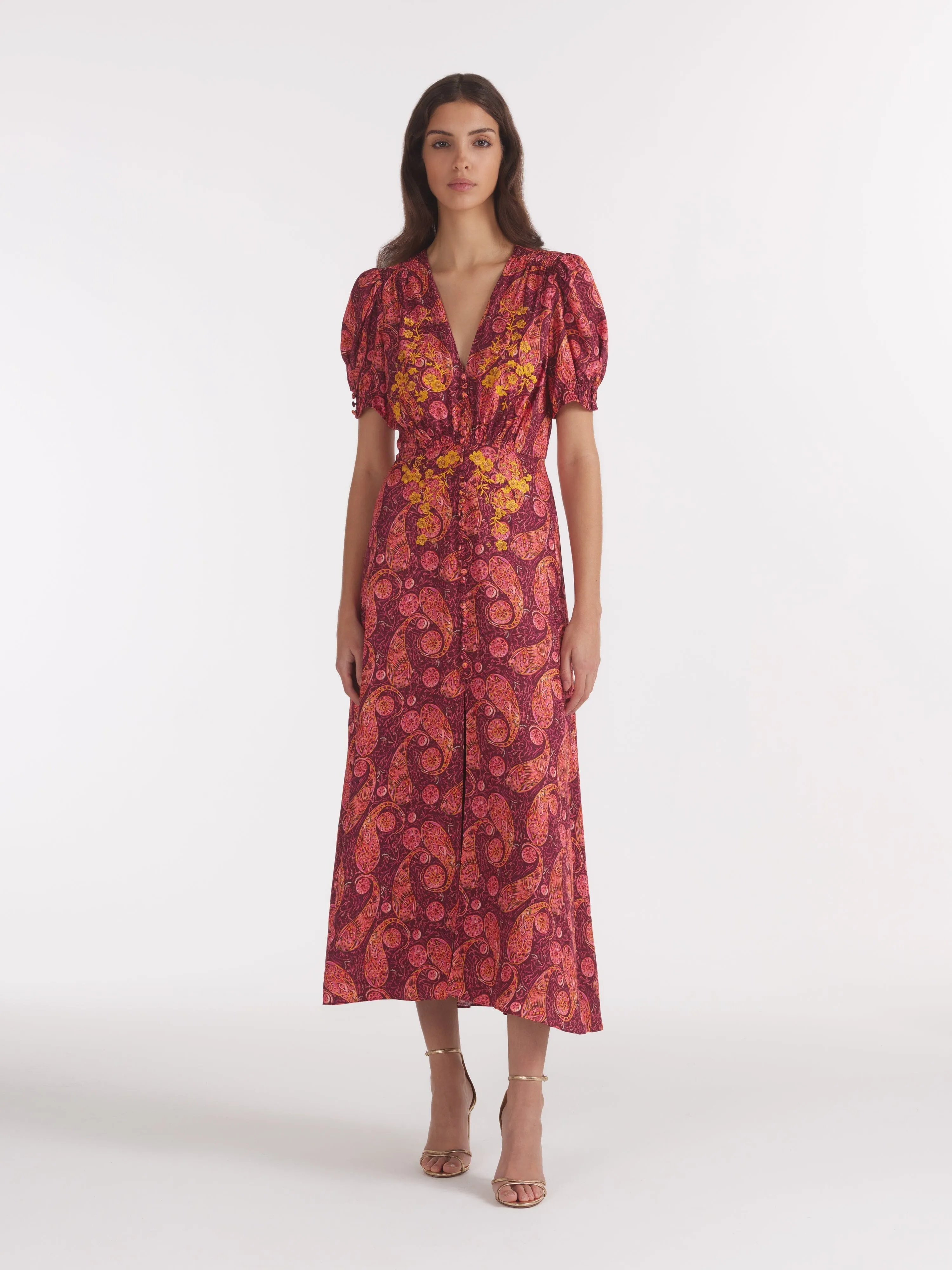 Lea Long Dress in Ruby Paisley Embroidery