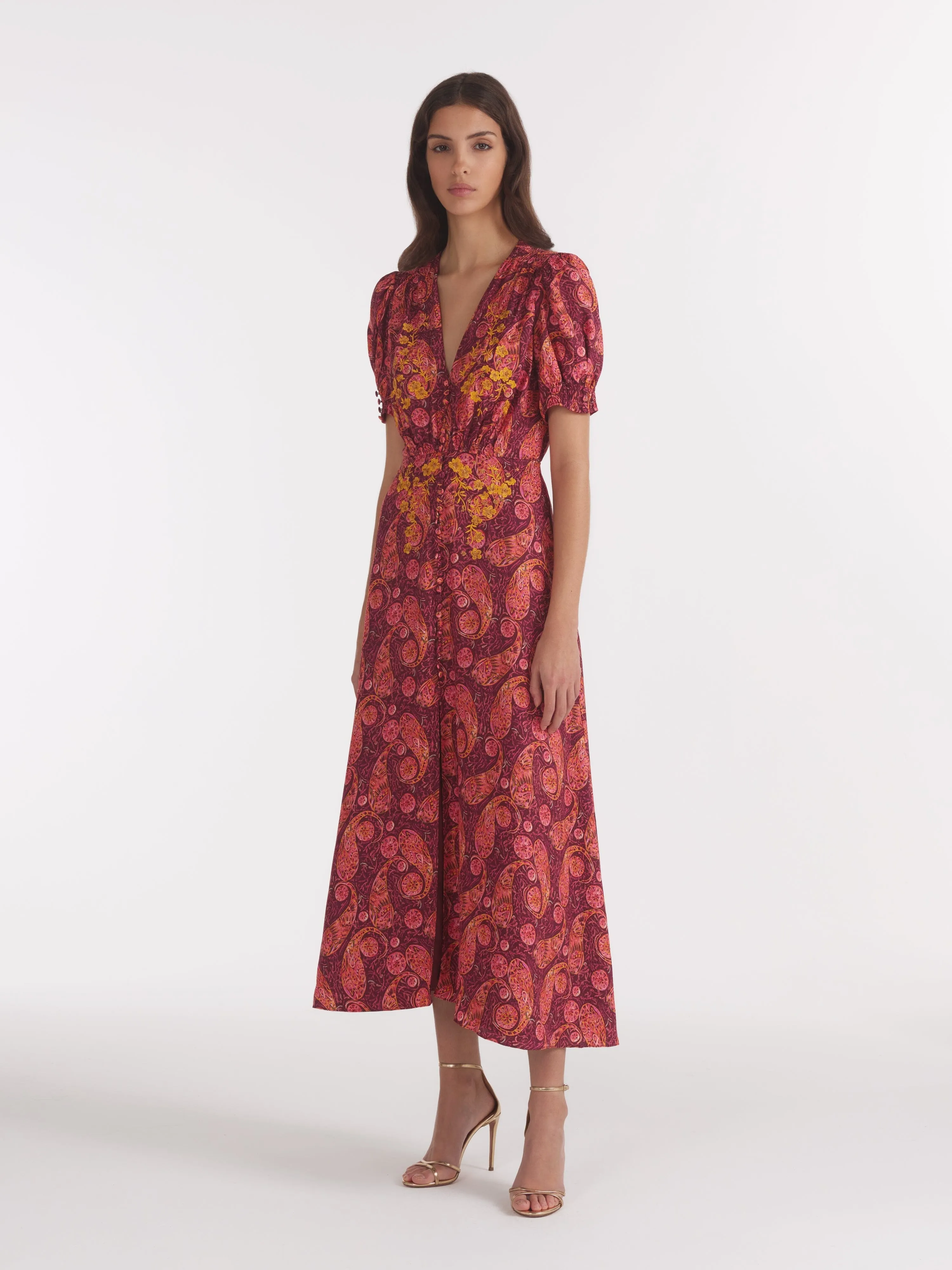 Lea Long Dress in Ruby Paisley Embroidery