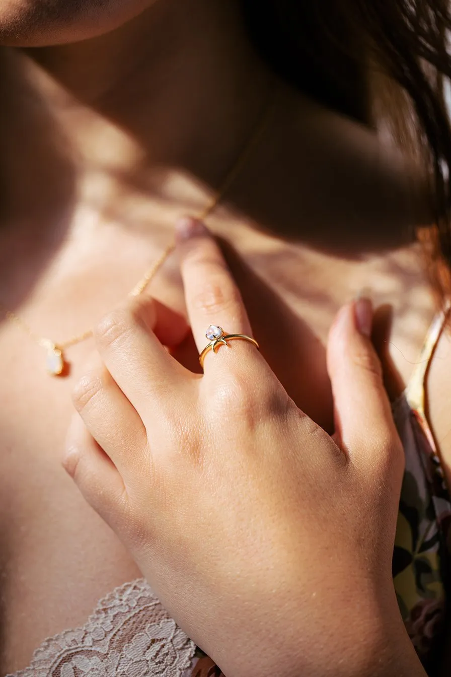 Little Gold Artemis Ring (Rainbow Moonstone)