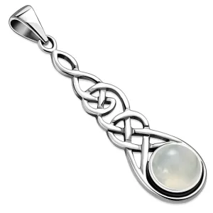 Long Celtic Silver Pendant set w/ Rainbow Moon Stone