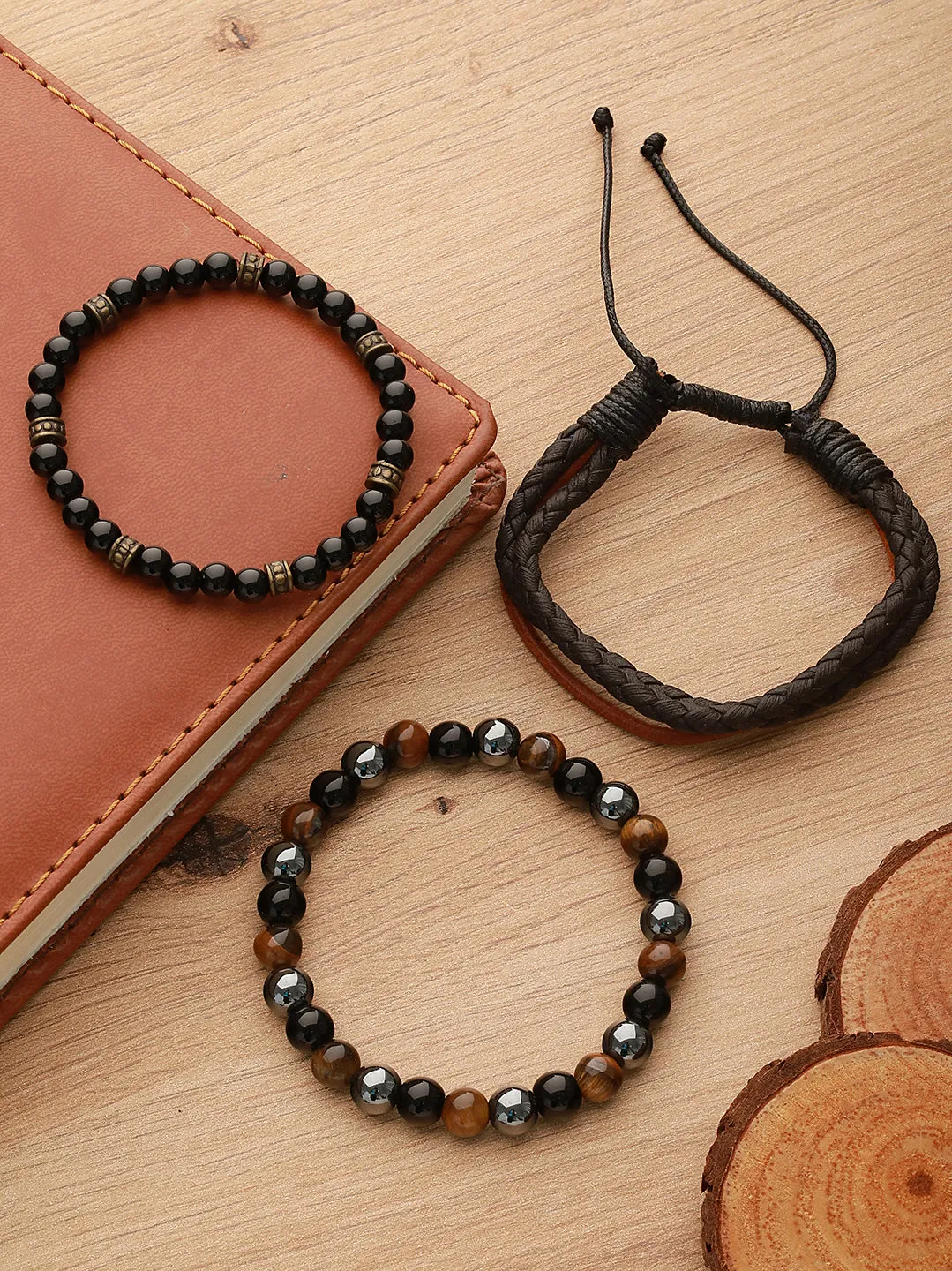 Men Pack Of 3 Brown And Black Elasticated Semi Precious Beaded Bracelet