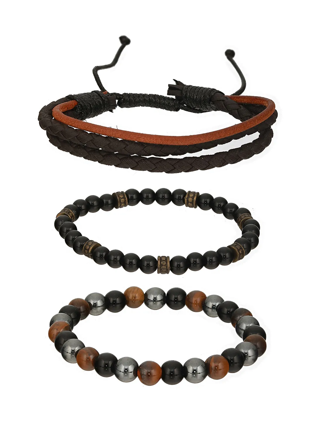 Men Pack Of 3 Brown And Black Elasticated Semi Precious Beaded Bracelet