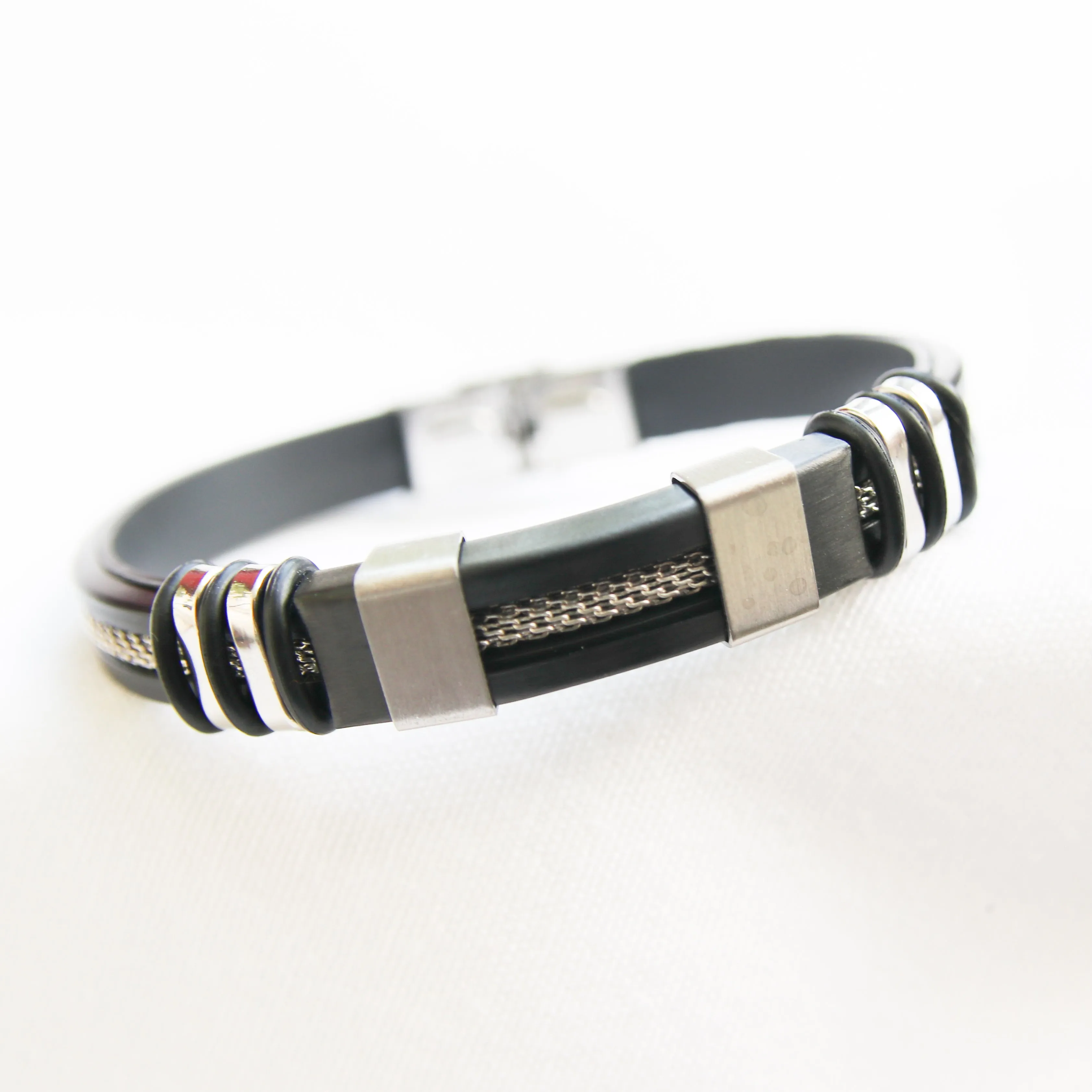 Men's Black Leather Silver-Accented Stainless Steel Bracelet