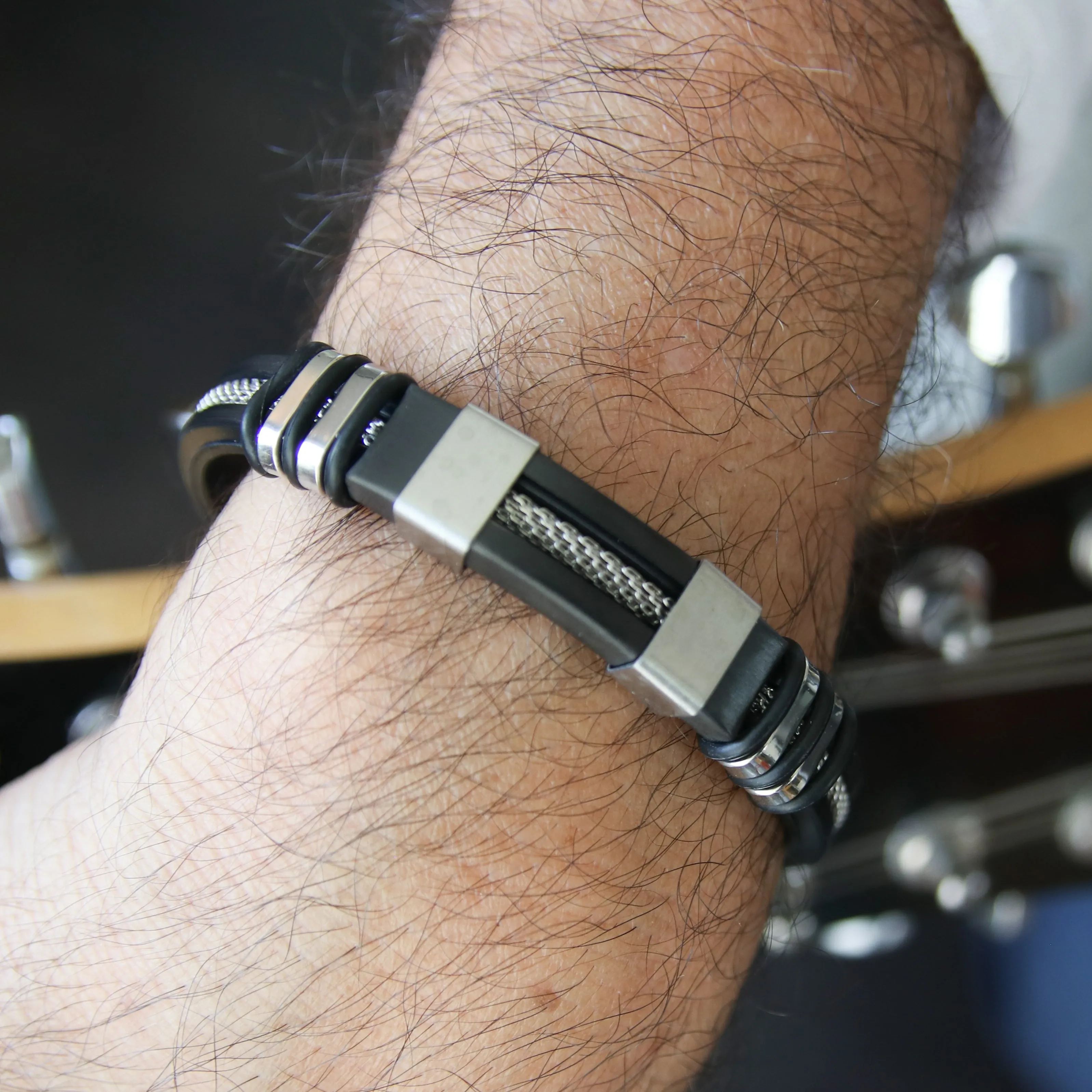 Men's Black Leather Silver-Accented Stainless Steel Bracelet