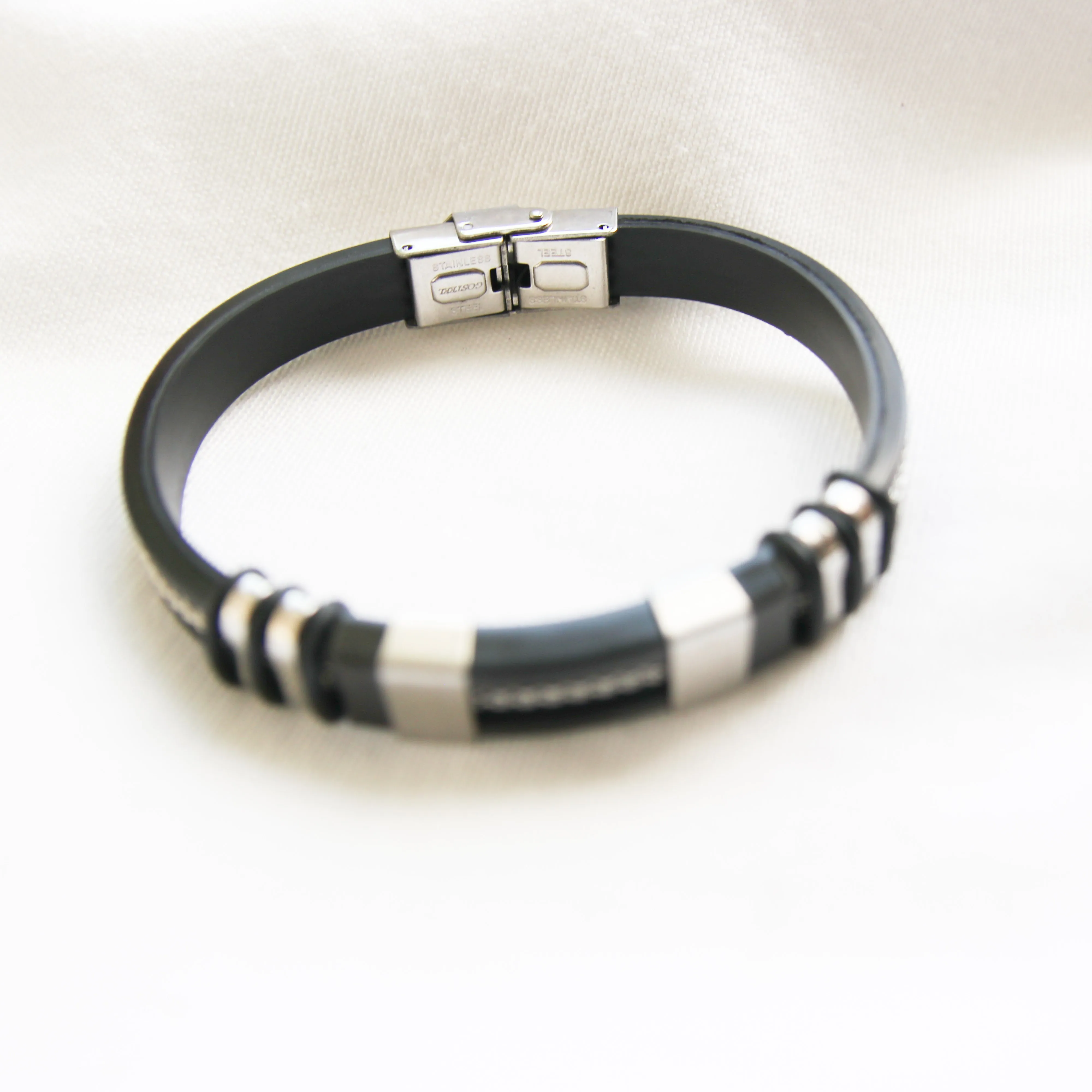 Men's Black Leather Silver-Accented Stainless Steel Bracelet