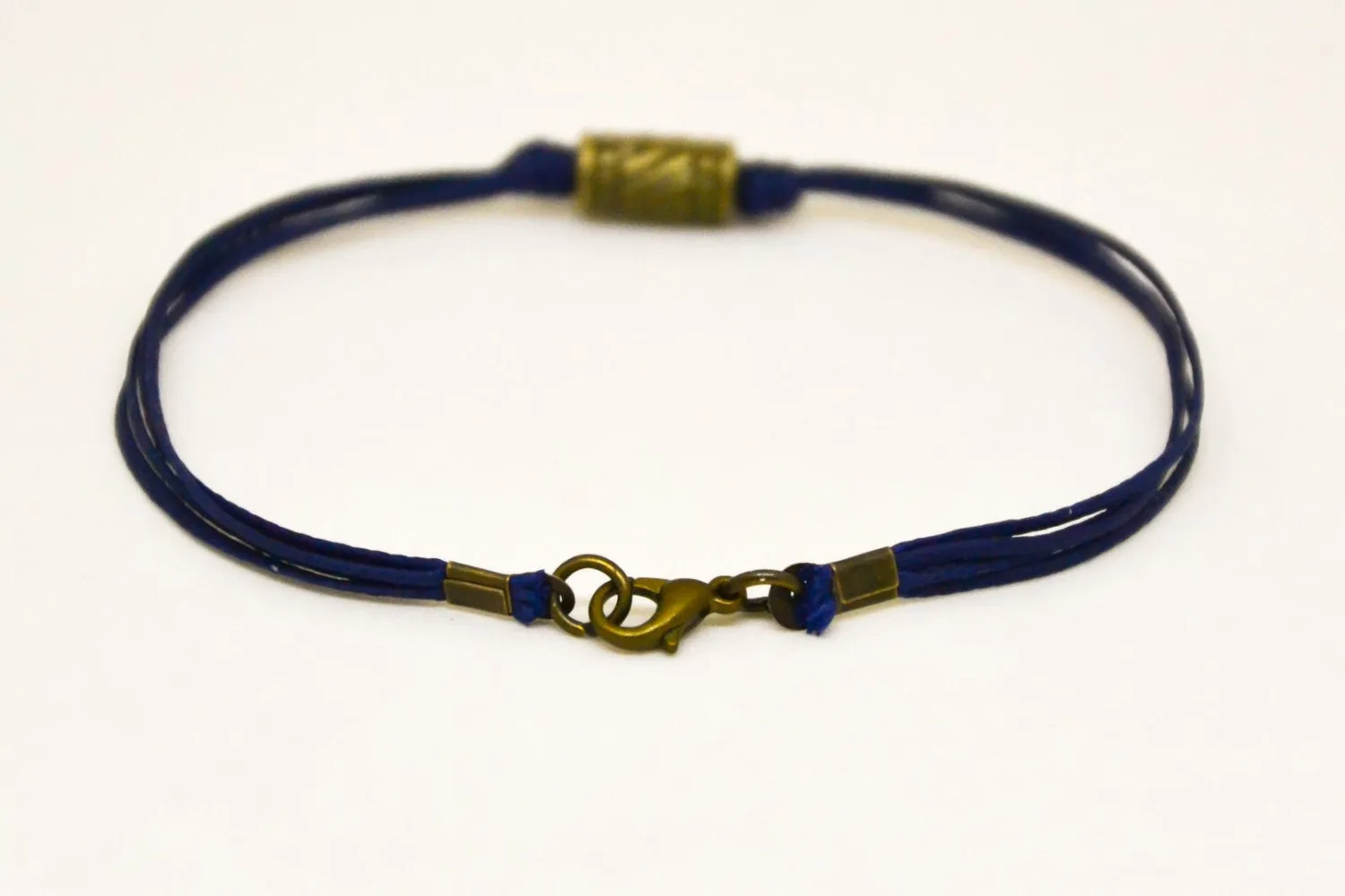 Men's bracelet with bronze tube bead charm, blue cord, gift for him