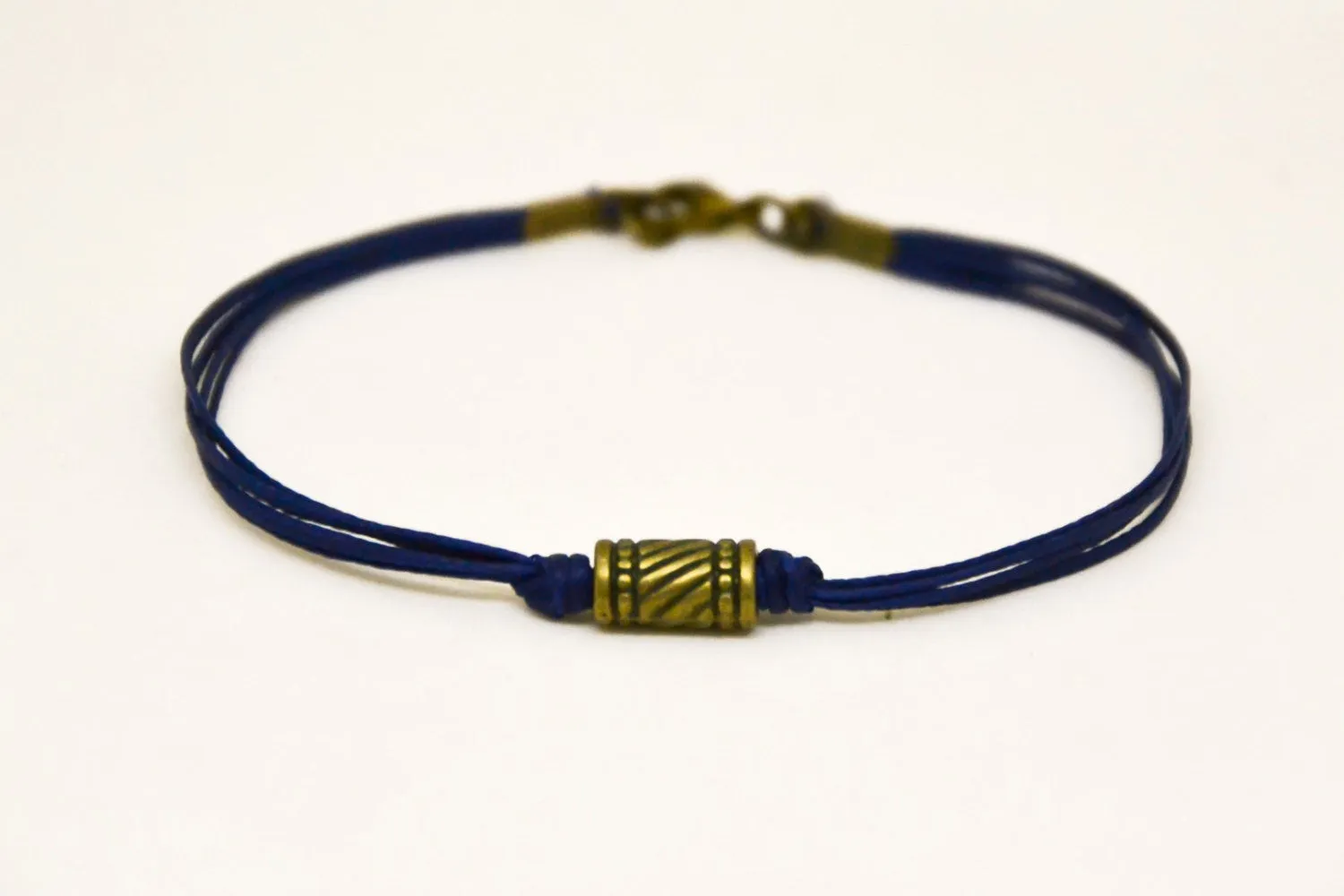 Men's bracelet with bronze tube bead charm, blue cord, gift for him