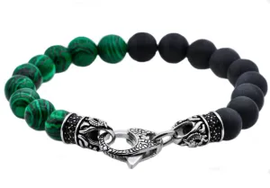 Mens Genuine Malacite And Onyx Stainless Steel Beaded Bracelet With Black Cubic Zirconia