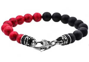 Mens Genuine Onyx And Red Fossil Stone Stainless Steel Beaded Bracelet With Cubic Zirconia