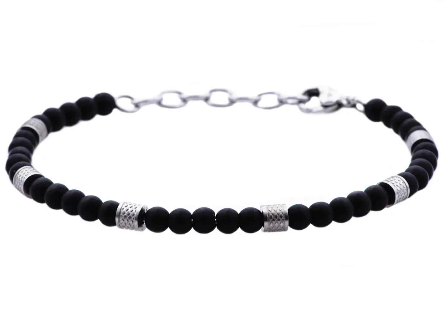 Mens Genuine Onyx Stainless Steel Beaded Bracelet