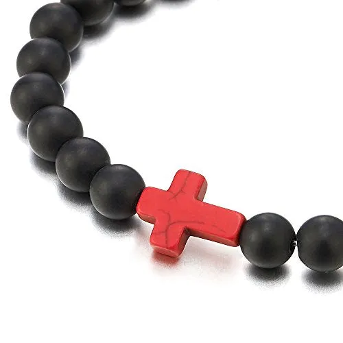 Mens Women Stretchable Matt Black Onyx Beads Bracelet with Charm of Red Cross, Prayer Mala