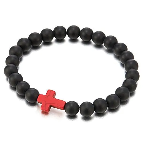 Mens Women Stretchable Matt Black Onyx Beads Bracelet with Charm of Red Cross, Prayer Mala