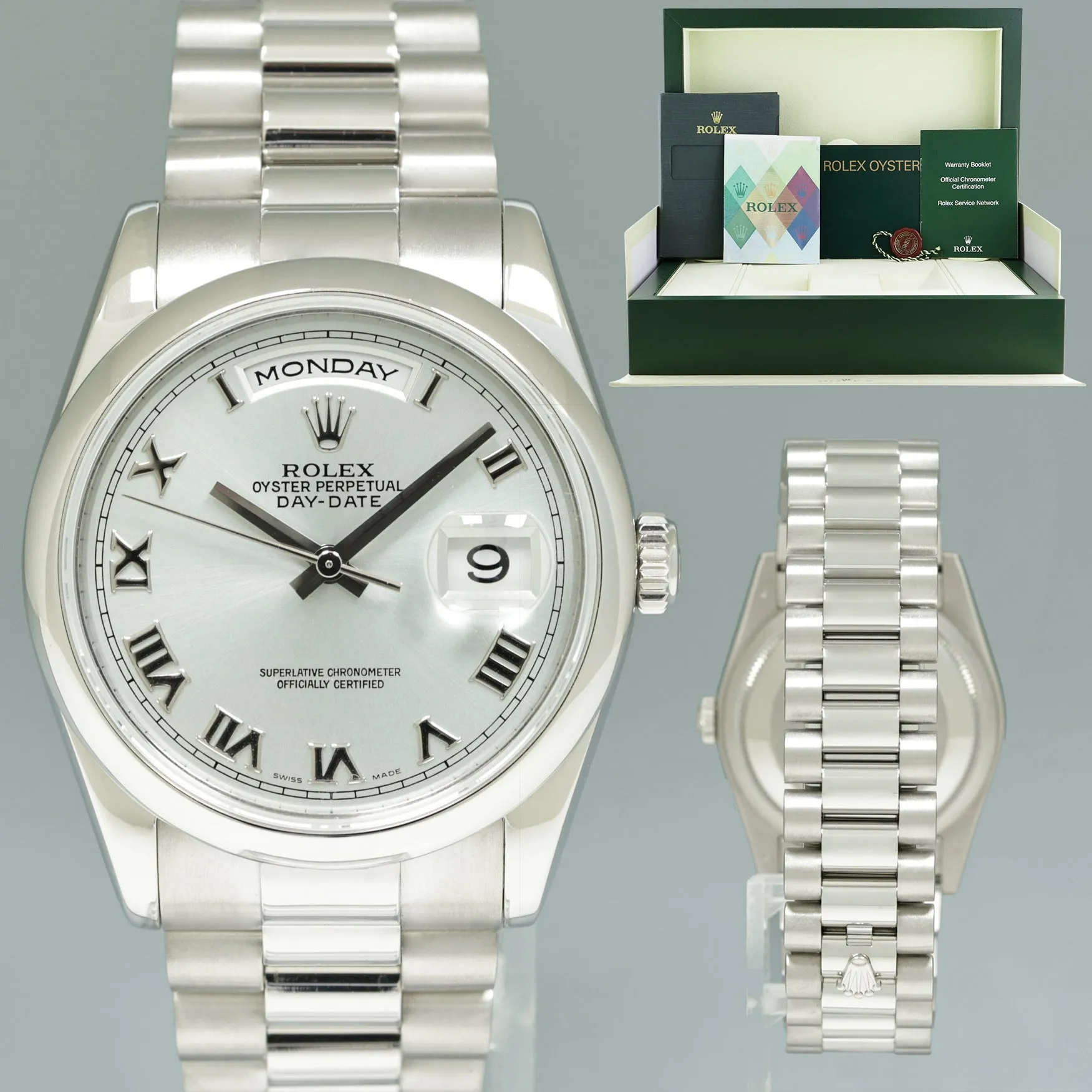 MINT 2005 PAPERS Rolex Platinum President 118206 Silver Roman Day Date 36mm Watch