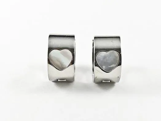 Modern Center Mother Of Pearl Heart Design Dainty Huggie Steel Earrings