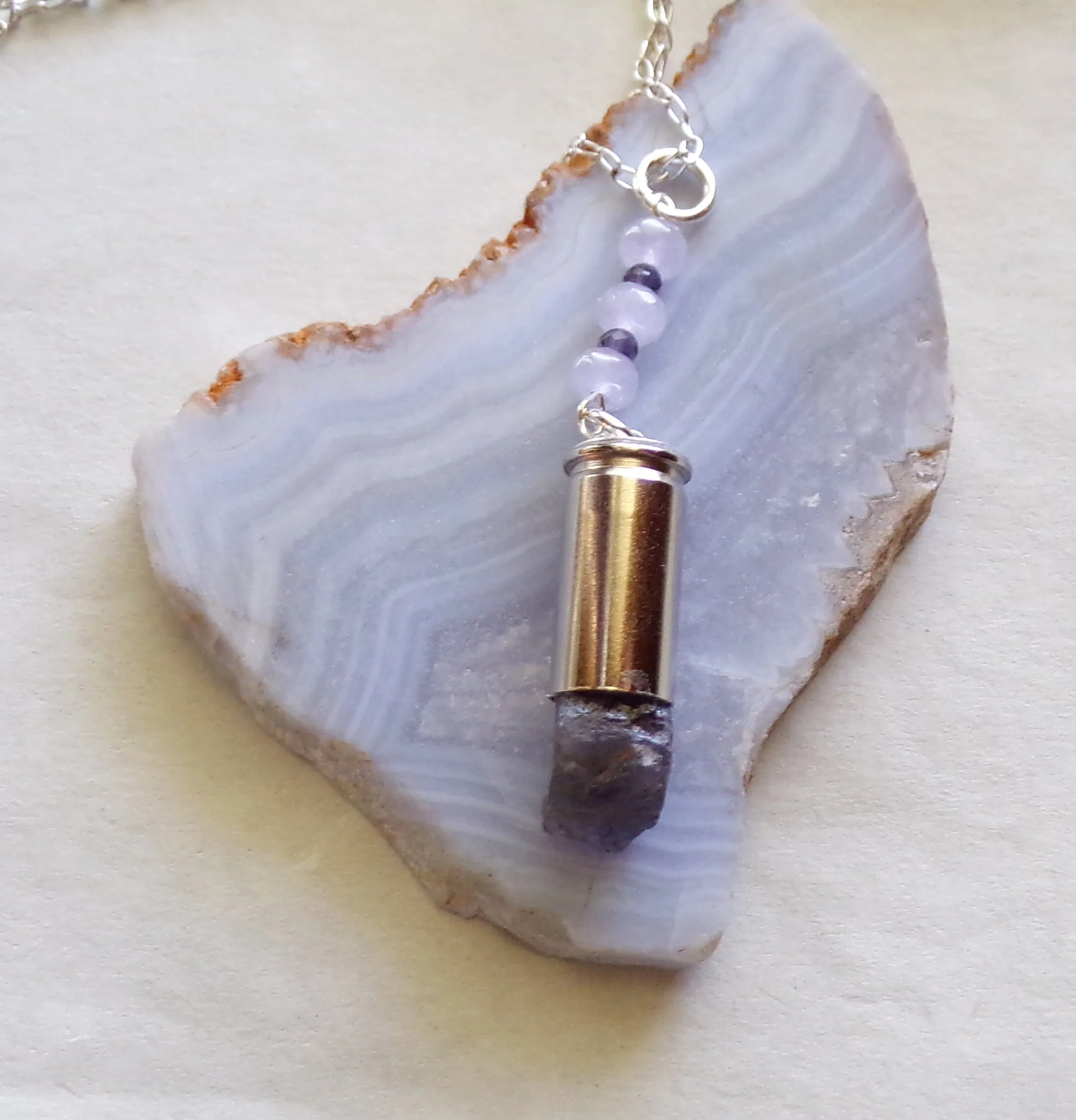 Natural Blue Iolite Gemstone Crystal Bullet Pendant Necklace