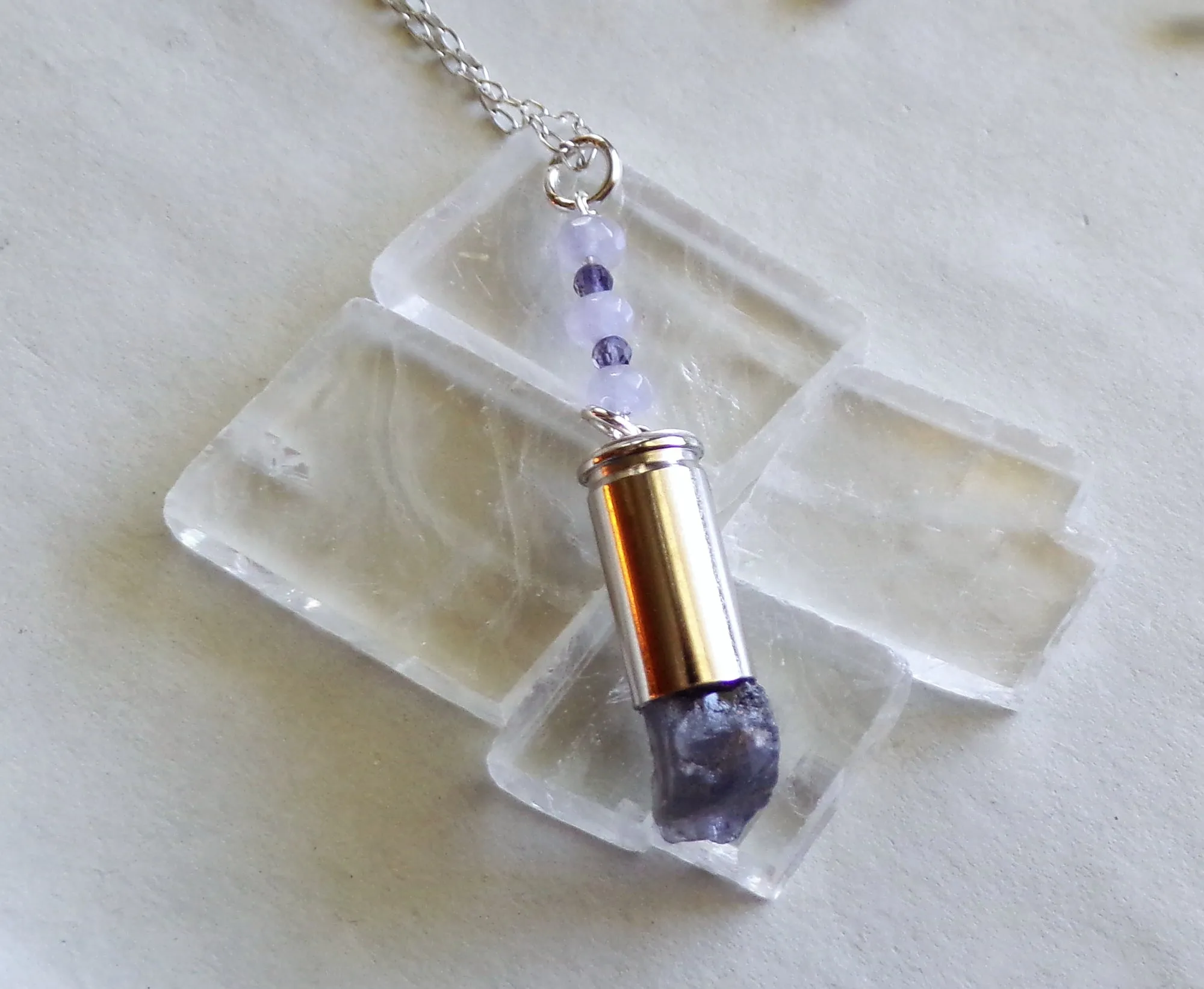 Natural Blue Iolite Gemstone Crystal Bullet Pendant Necklace