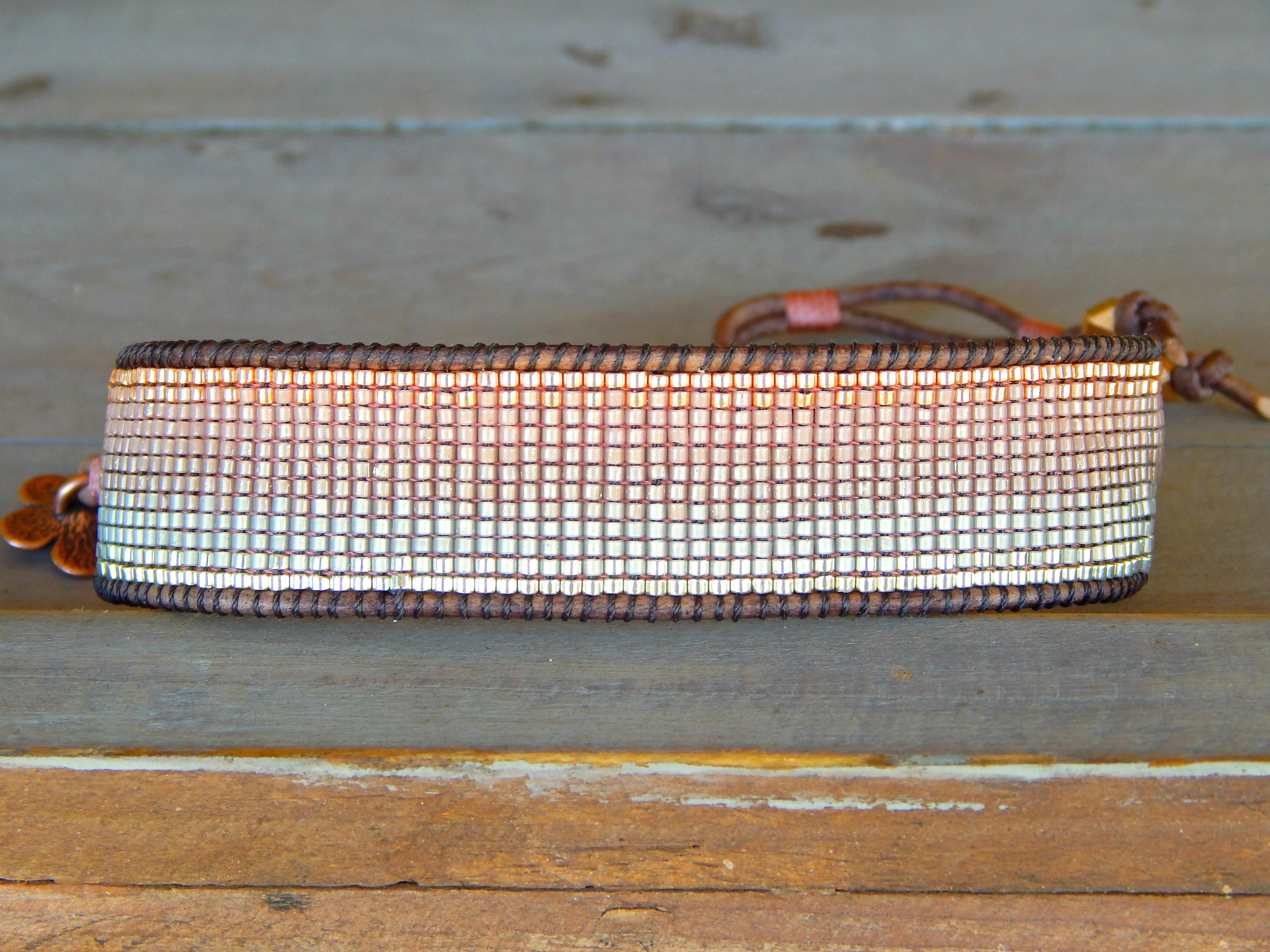 Ombre Copper to Silver tone Hand Beaded Cuff Bracelet