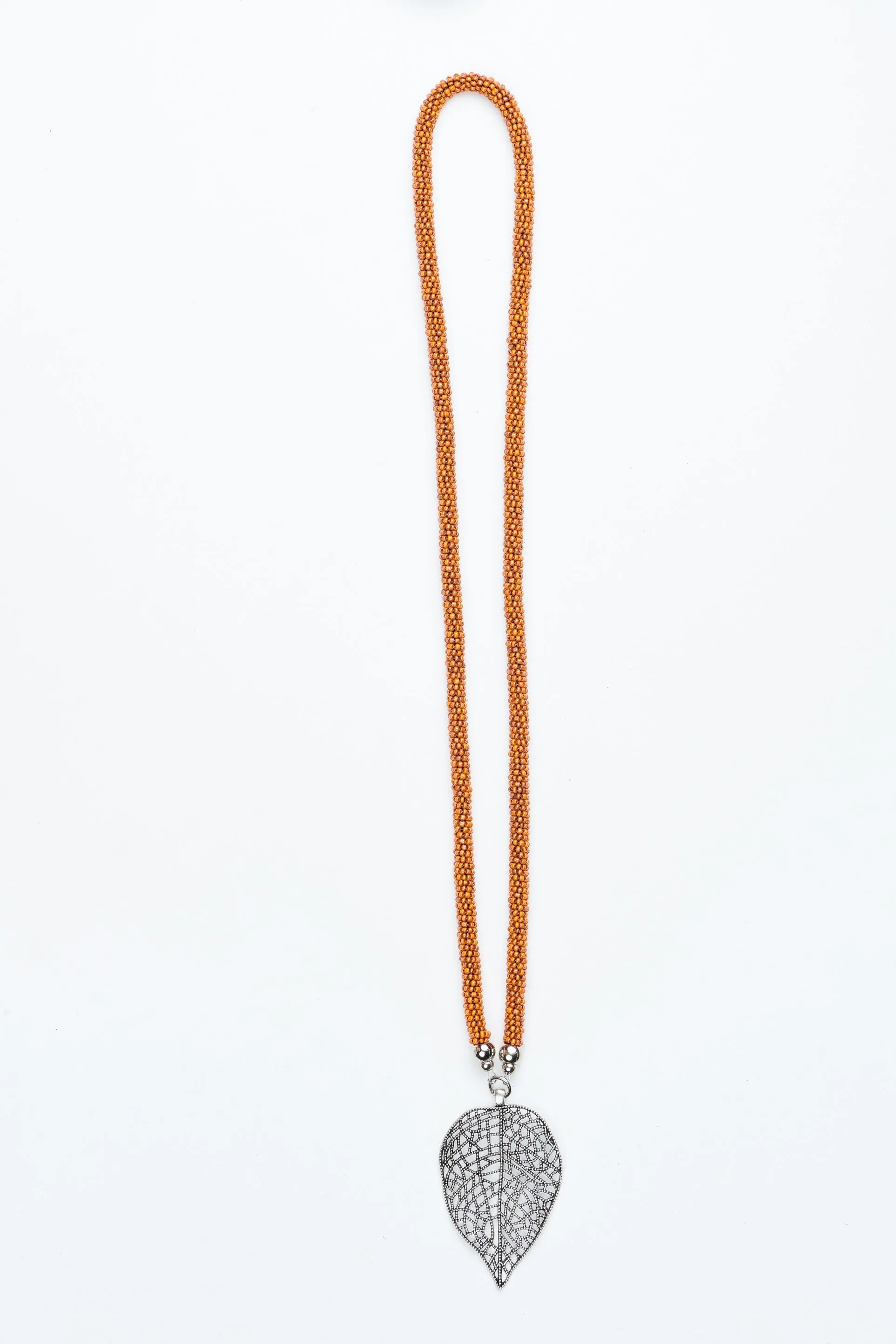 Orange Beaded Leaf Pendant Necklace