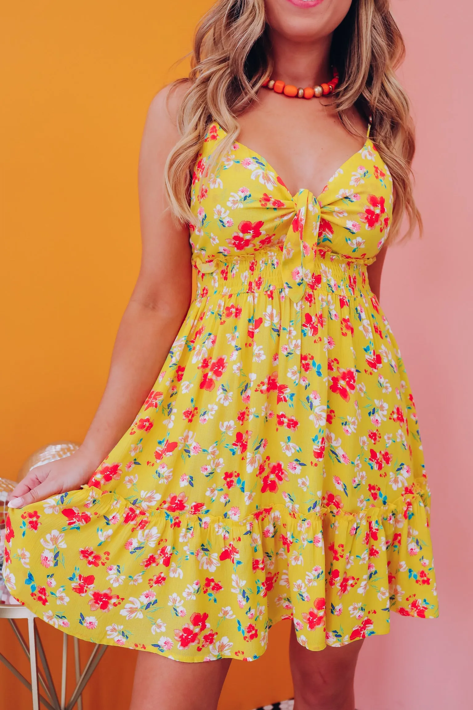 Oriana Tie Front Floral Dress - Yellow