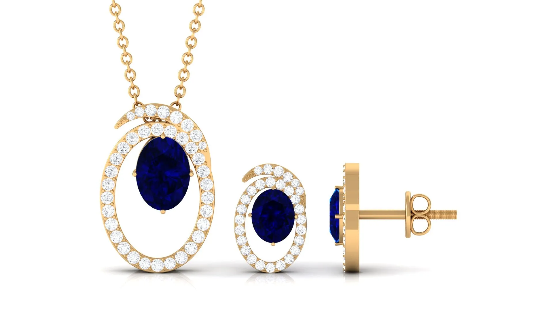 Oval Created Blue Sapphire and Diamond Contemporary Jewelry Set