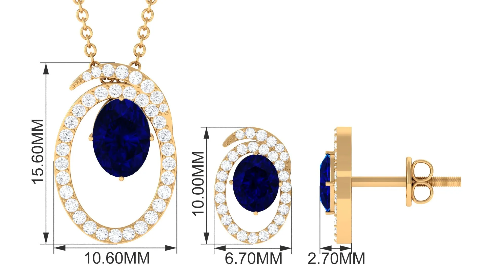 Oval Created Blue Sapphire and Diamond Contemporary Jewelry Set