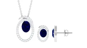 Oval Created Blue Sapphire and Diamond Contemporary Jewelry Set