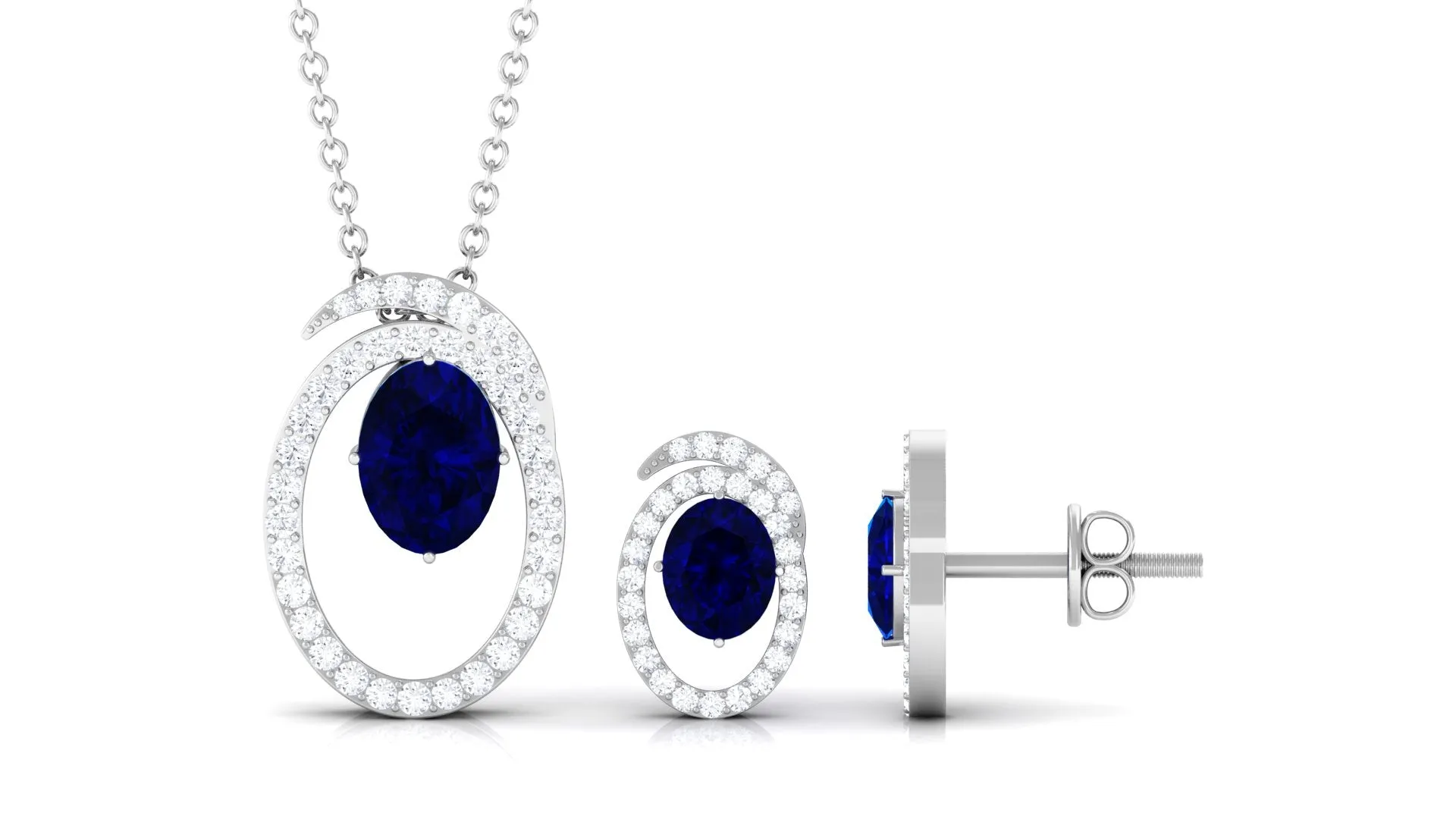 Oval Created Blue Sapphire and Diamond Contemporary Jewelry Set