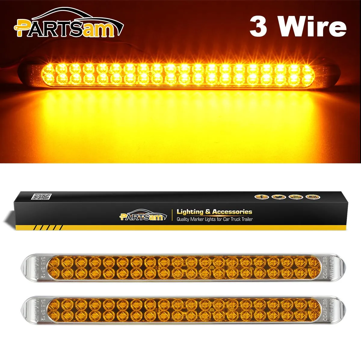 Partsam Submersible 17 Inch Thin Amber Led Turn Signal Light Bar 40 LED Sealed Utility Trailer Truck RV Led Marker Clearance Identification Light Bar w/Chrome Bezel (Pack of 2)