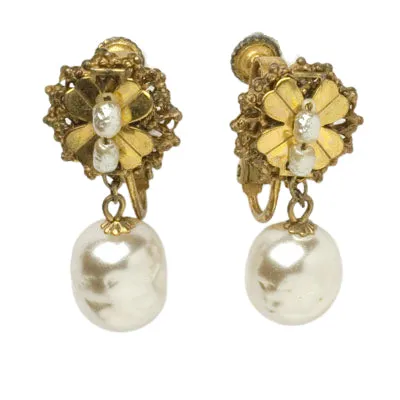 Pearl & Russian Gold Drop Earrings by Miriam Haskell