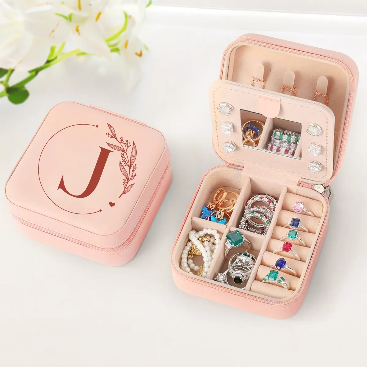 Personalized Jewelry Box, Pink Small Travel Jewelry Box with Initial J, Monogrammed Jewelry Case Organizer for Girls Women Teen, Mini Travel Essentials Gifts for Christmas Birthday