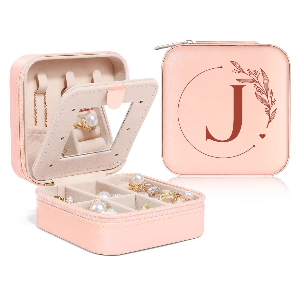 Personalized Jewelry Box, Pink Small Travel Jewelry Box with Initial J, Monogrammed Jewelry Case Organizer for Girls Women Teen, Mini Travel Essentials Gifts for Christmas Birthday