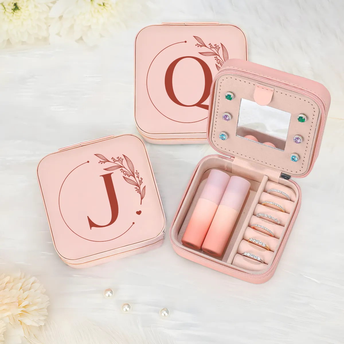 Personalized Jewelry Box, Pink Small Travel Jewelry Box with Initial J, Monogrammed Jewelry Case Organizer for Girls Women Teen, Mini Travel Essentials Gifts for Christmas Birthday