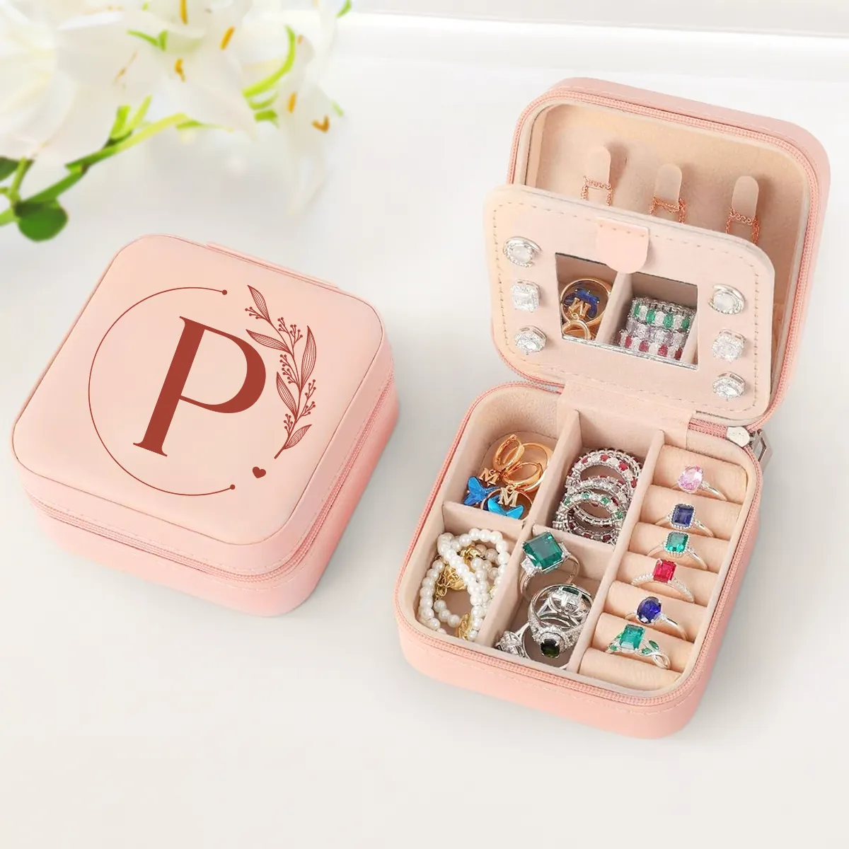 Personalized Jewelry Box, Pink Small Travel Jewelry Box with Initial P, Monogrammed Jewelry Case Organizer for Girls Women Teen, Mini Travel Essentials Gifts for Christmas Birthday