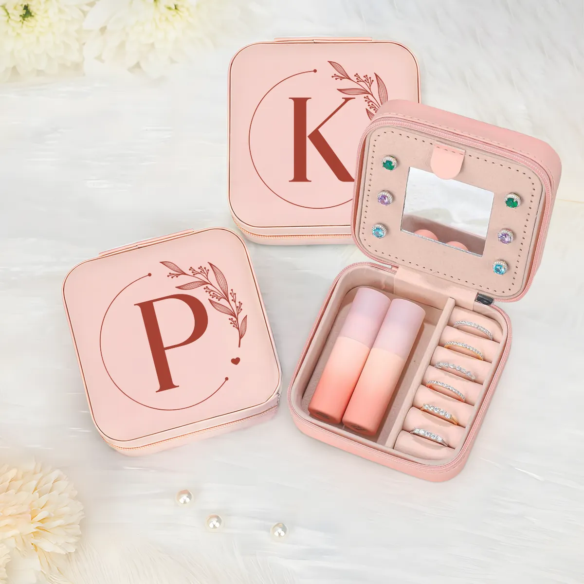 Personalized Jewelry Box, Pink Small Travel Jewelry Box with Initial P, Monogrammed Jewelry Case Organizer for Girls Women Teen, Mini Travel Essentials Gifts for Christmas Birthday