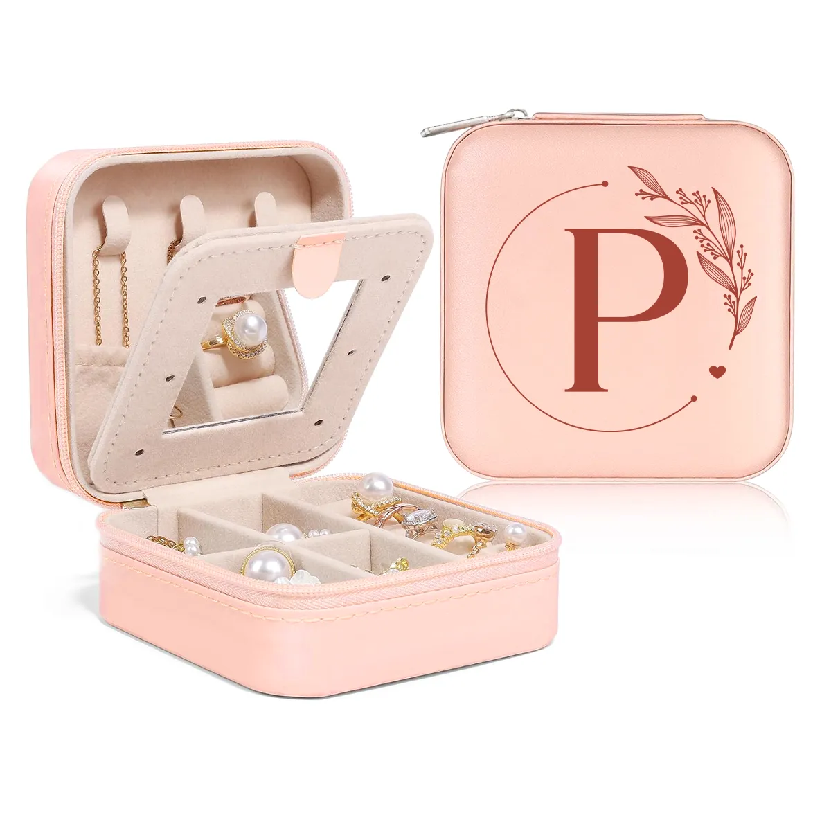 Personalized Jewelry Box, Pink Small Travel Jewelry Box with Initial P, Monogrammed Jewelry Case Organizer for Girls Women Teen, Mini Travel Essentials Gifts for Christmas Birthday