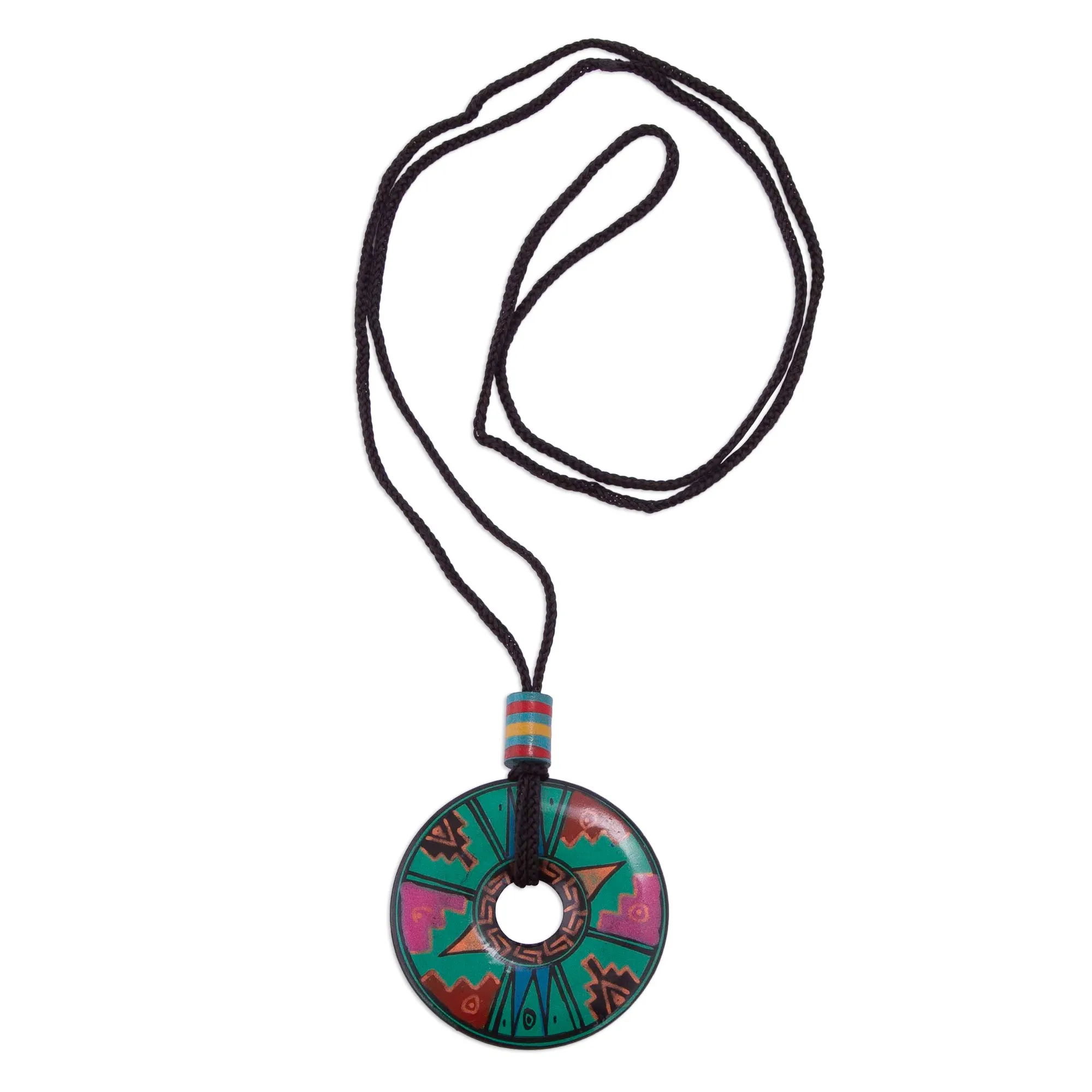 Peruvian Green Ceramic Pendant Necklace with Geometric Motif - Jade Princess | NOVICA