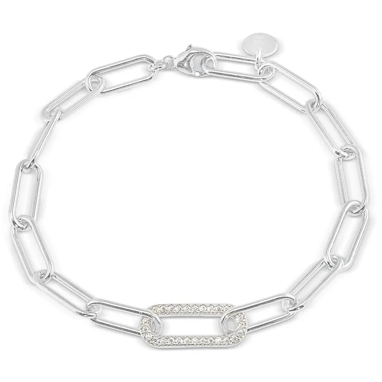 Platinum Finish Sterling Silver Micropave 7.5" Paper Clip Bracelet with a Single Link with Simulated Diamonds