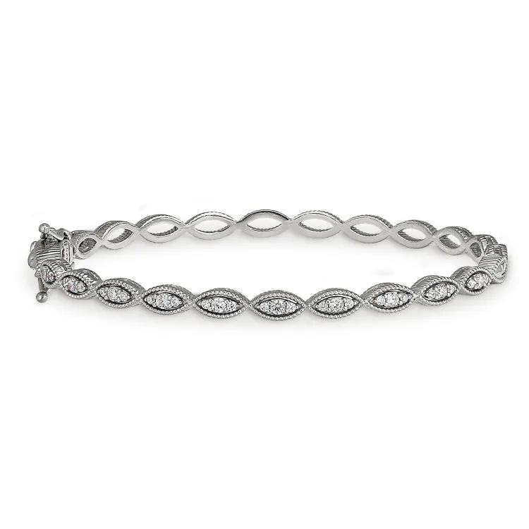 Platinum Finish Sterling Silver Micropave Three Stone Marquis Bangle Bracelet with Simulated Diamonds