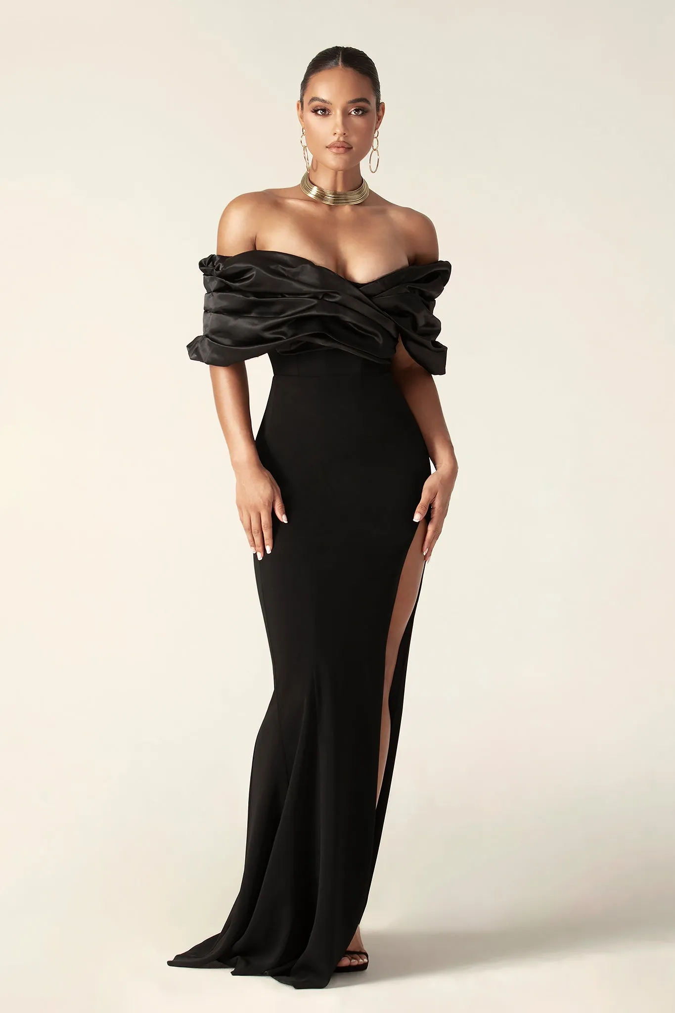 Presley Crepe Ruffle Shoulder Gown Dress (Black)