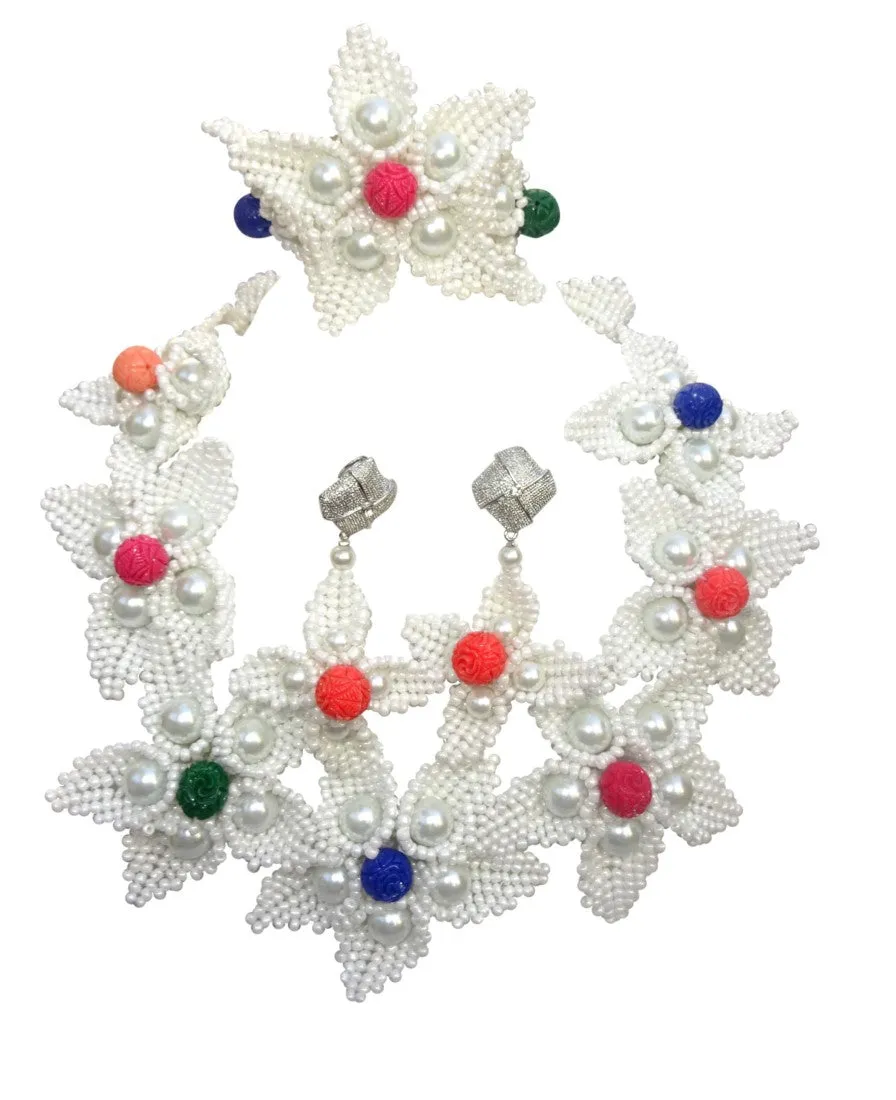 PrestigeApplause Latest Design crystal White with Multi color Coral Beads Bridal Wedding Jewelry Set