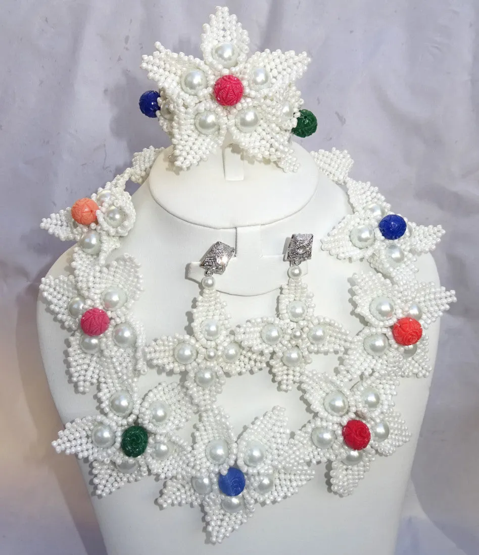 PrestigeApplause Latest Design crystal White with Multi color Coral Beads Bridal Wedding Jewelry Set