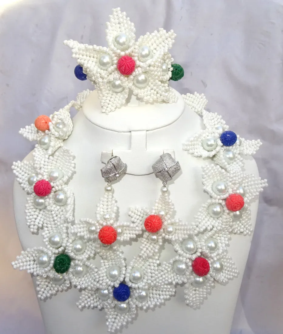 PrestigeApplause Latest Design crystal White with Multi color Coral Beads Bridal Wedding Jewelry Set